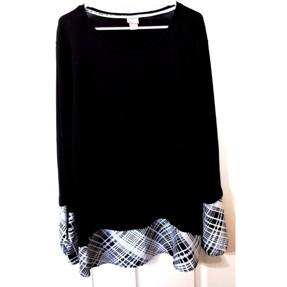 Chico's 4 (2XL) Black Long Sleeve Scoop Neck Plaid Trim Tunic Lagenlook